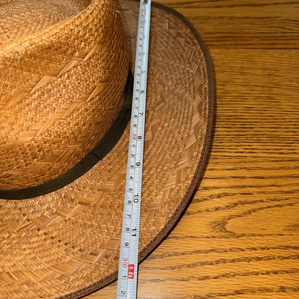 VTG  WW Straw Fedora Hat Brown Woven Wide Brim Grosgrain Green Band Columbia M